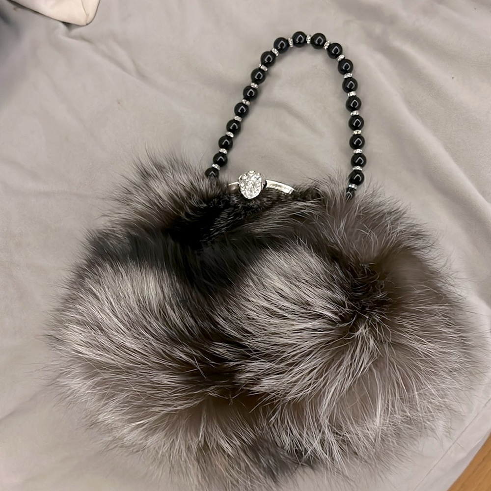 Plush Gray Fur Wristlet Clutch with Beaded Handle and Crystal Clasp